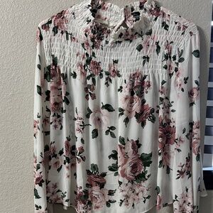 Shinestar White Blouse with Pink Rose Print and Green Leaves